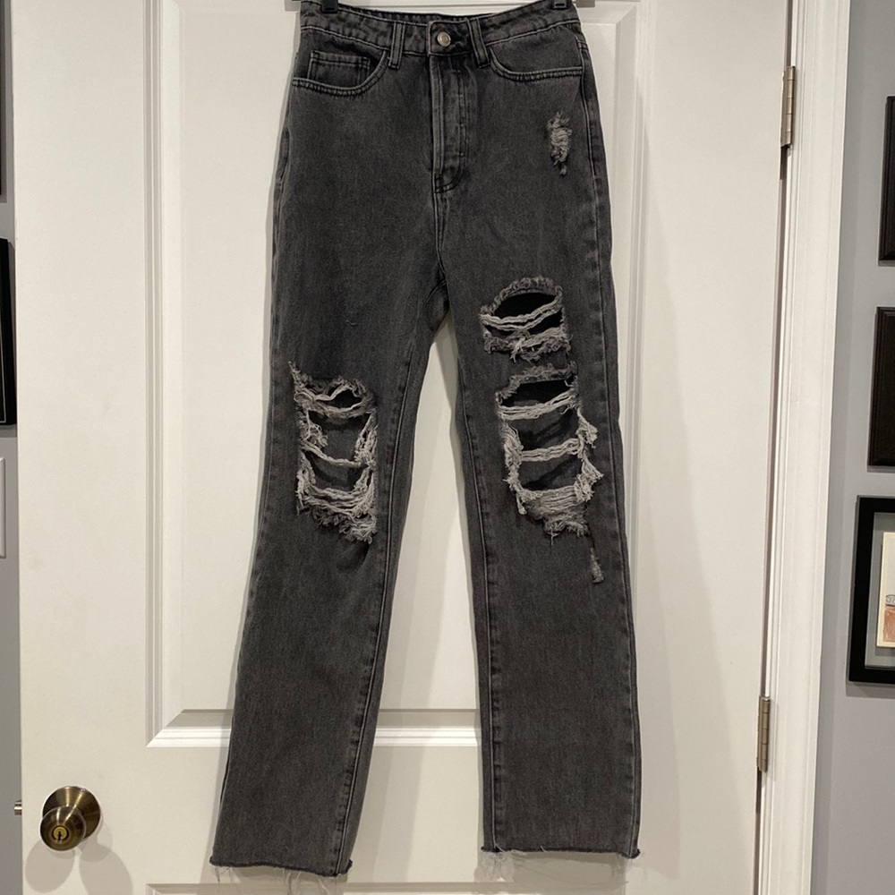 SHEIN high rise wide leg distressed jeans in size XS (2)